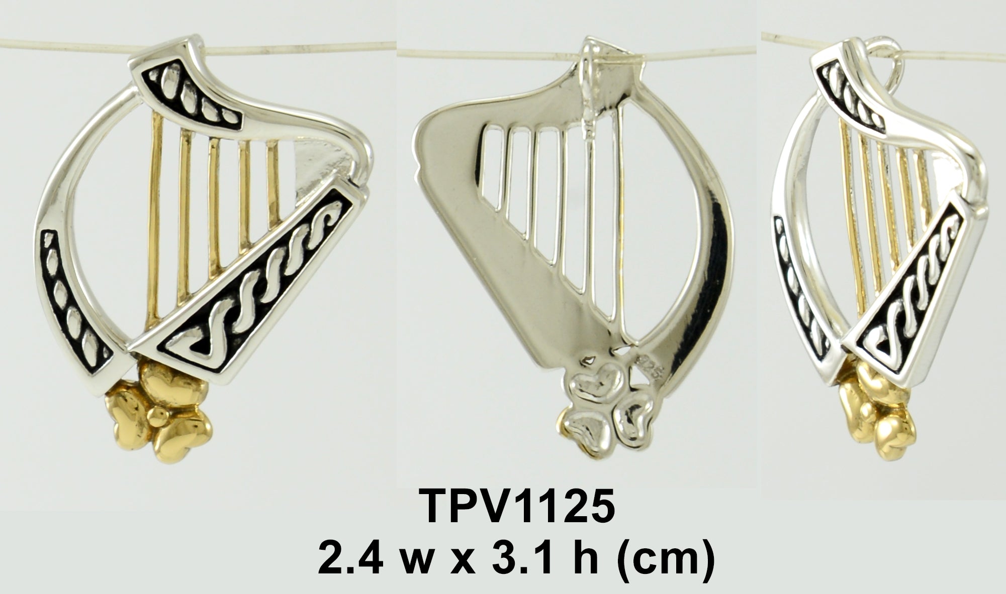 Celtic Harp Irish Shamrock Silver and Gold Pendant TPV1125