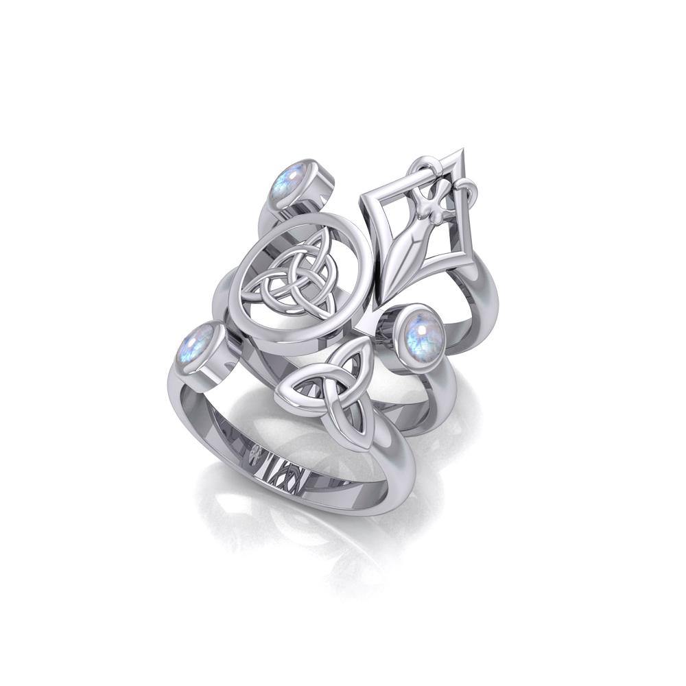 Silver Trinity Knot Triquetra and Goddess Stack Ring with Gemstone TRI1802 - Jewelry