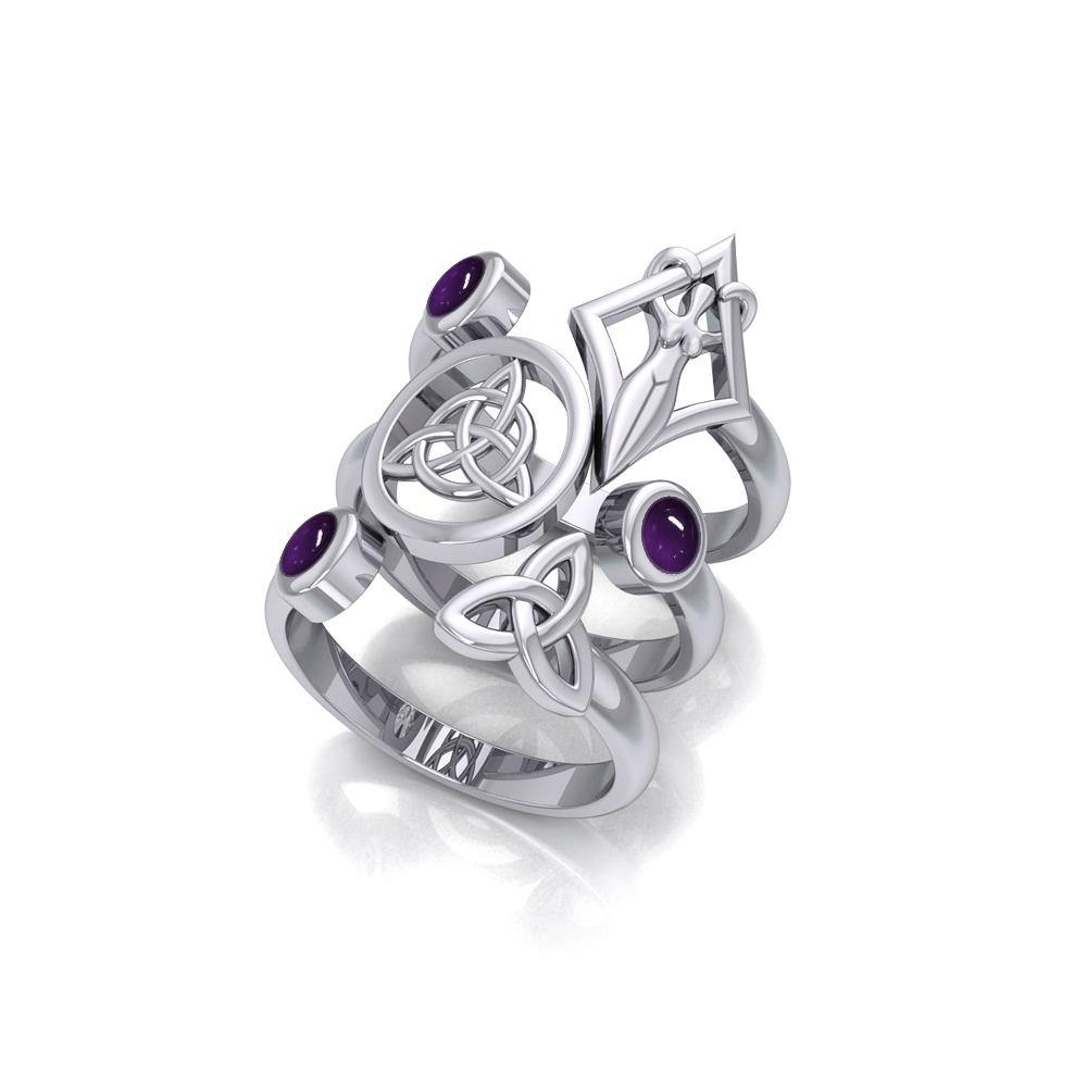 Silver Trinity Knot Triquetra and Goddess Stack Ring with Gemstone TRI1802 - Jewelry