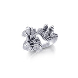 Hummingbird Suspended in Flight and Sweet Flowers Nectar Shimmering in Sterling Silver Ring TRI1805