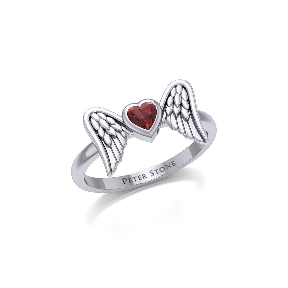 Heart Gemstone and Double Angel Wings Silver Ring TRI1839 - Jewelry