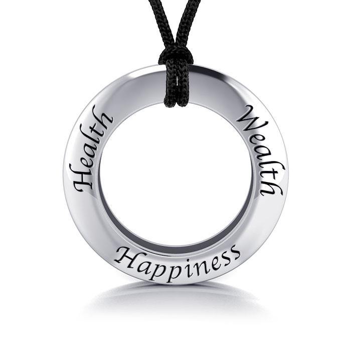 Health Wealth Happiness Silver Pendant and Cord Set TSE267 - Jewelry