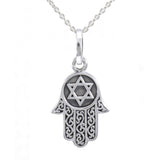 Embrace Sacred Protection: Silver Hamsa with Star of David Pendant and Chain Set - TSE682 | Find Peace and Harmony