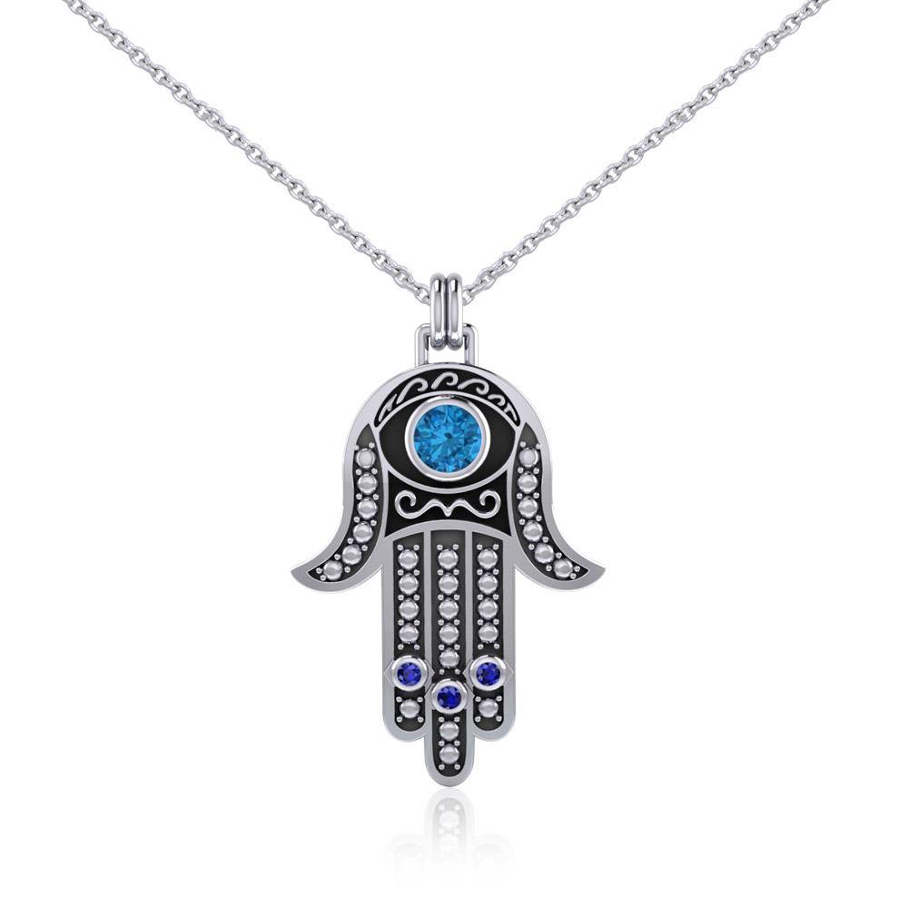 Silver Hamsa with Gemstone Pendant and Chain Set TSE742 - Jewelry