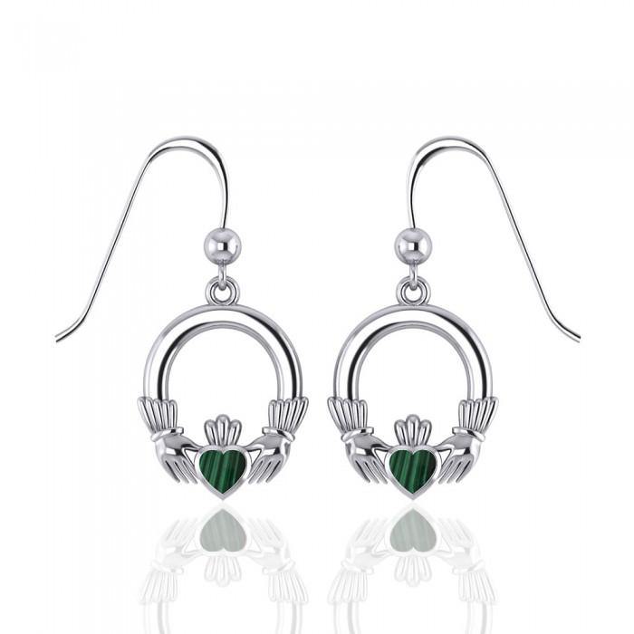 Irish Claddagh with Malachite Inlay Sterling Silver Earrings WE142 - Jewelry
