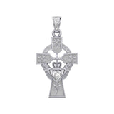 Claddagh Celtic Cross with Lucky Four Leaf Clover 14K White Gold Pendant WPD5359 - Jewelry