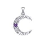 Celtic Crescent Moon with Heart Stone 14K White Gold Pendant WPD5886 - Jewelry