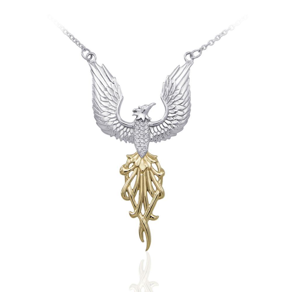 Alighting breakthrough of the Mythical Phoenix ~ Silver and Gold Necklace with Gemstone Accents MNC234 - Jewelry