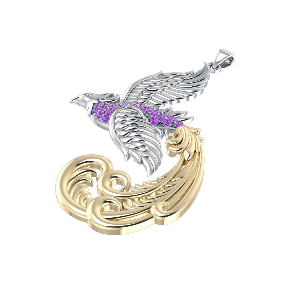 Multifaceted and Alighting Phoenix ~ Sterling Silver Jewelry Pendant with 14k Gold and Crystal Accents - Jewelry