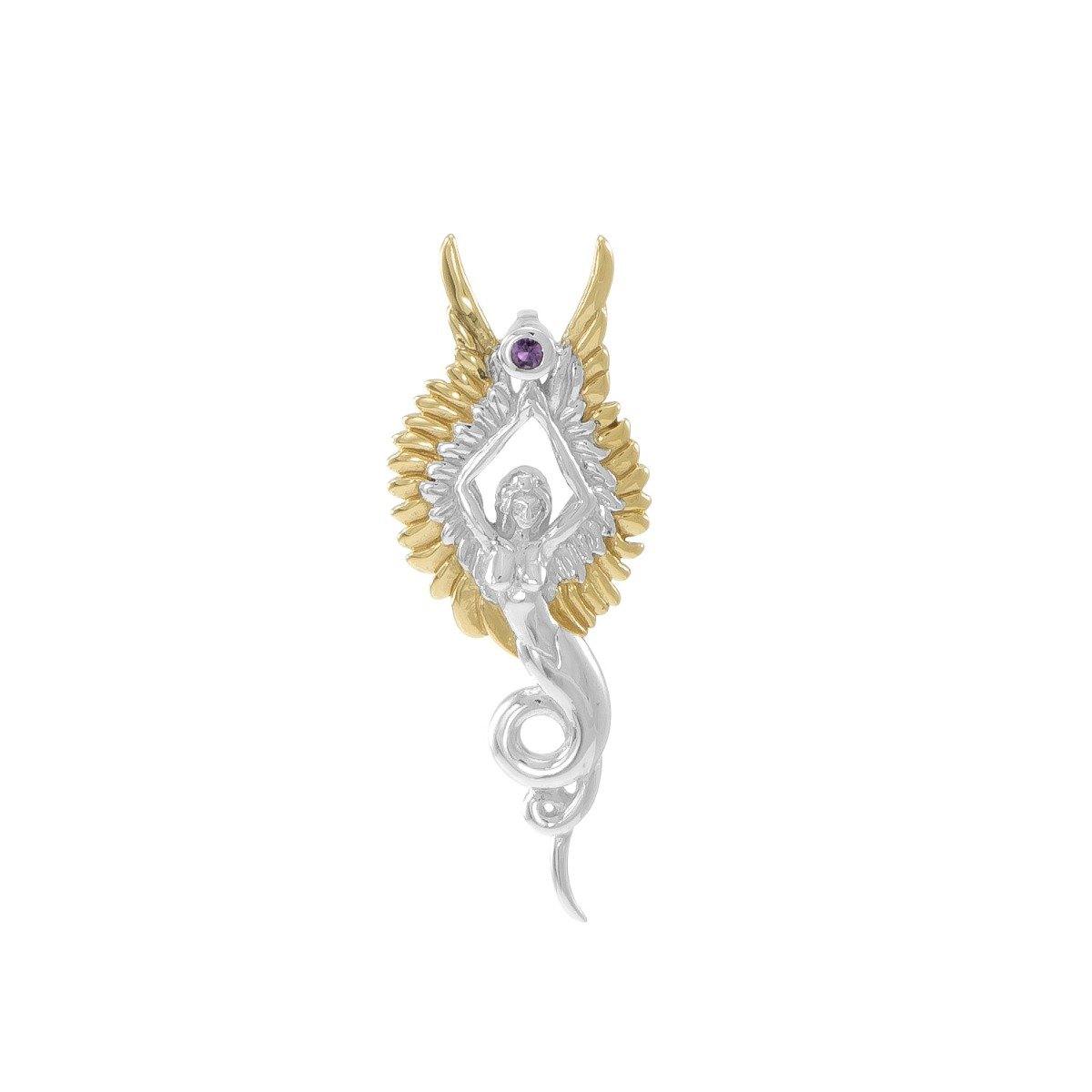 Captured by the Grace of the Angel Phoenix ~ Silver and 18K Gold Accent Jewelry Pendant with Amethyst MPD3266 - Jewelry