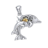 Gentle dolphins in steampunk ~ Sterling Silver Jewelry Pendant with 14k Gold Accent - Jewelry