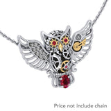 Steampunk Owl Silver and Gold Pendant with Gemstone MPD5070 - Jewelry