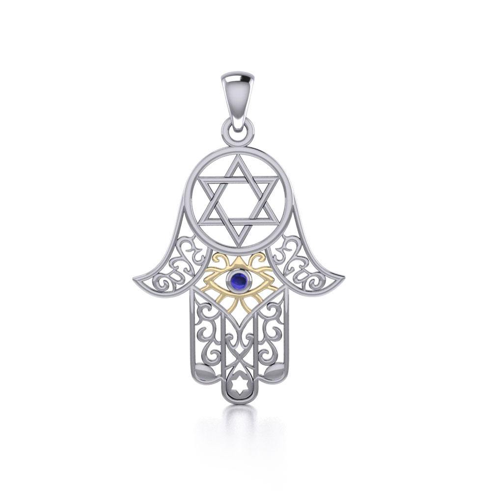 Hamsa Silver and Gold Pendant with Gemstone MPD5079 - Jewelry