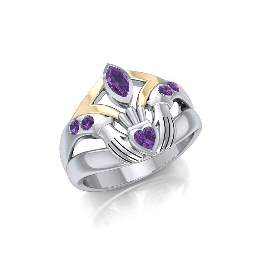 Irish Claddagh Silver and Gold Ring with Gemstones MRI274 - Jewelry