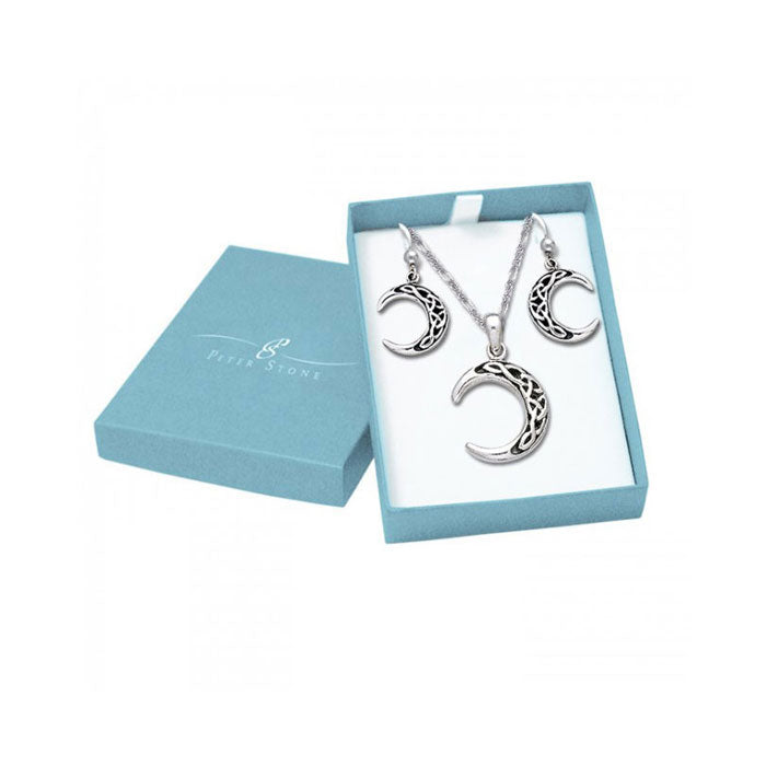 Crescent Moon Sterling Silver Pendant Chain and Earrings Box Set SET010 peterstone.
