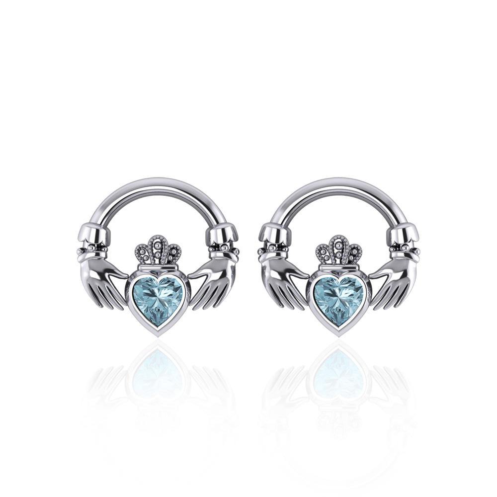 Irish Claddagh Silver Post Earrings with Gem TE277 - Jewelry