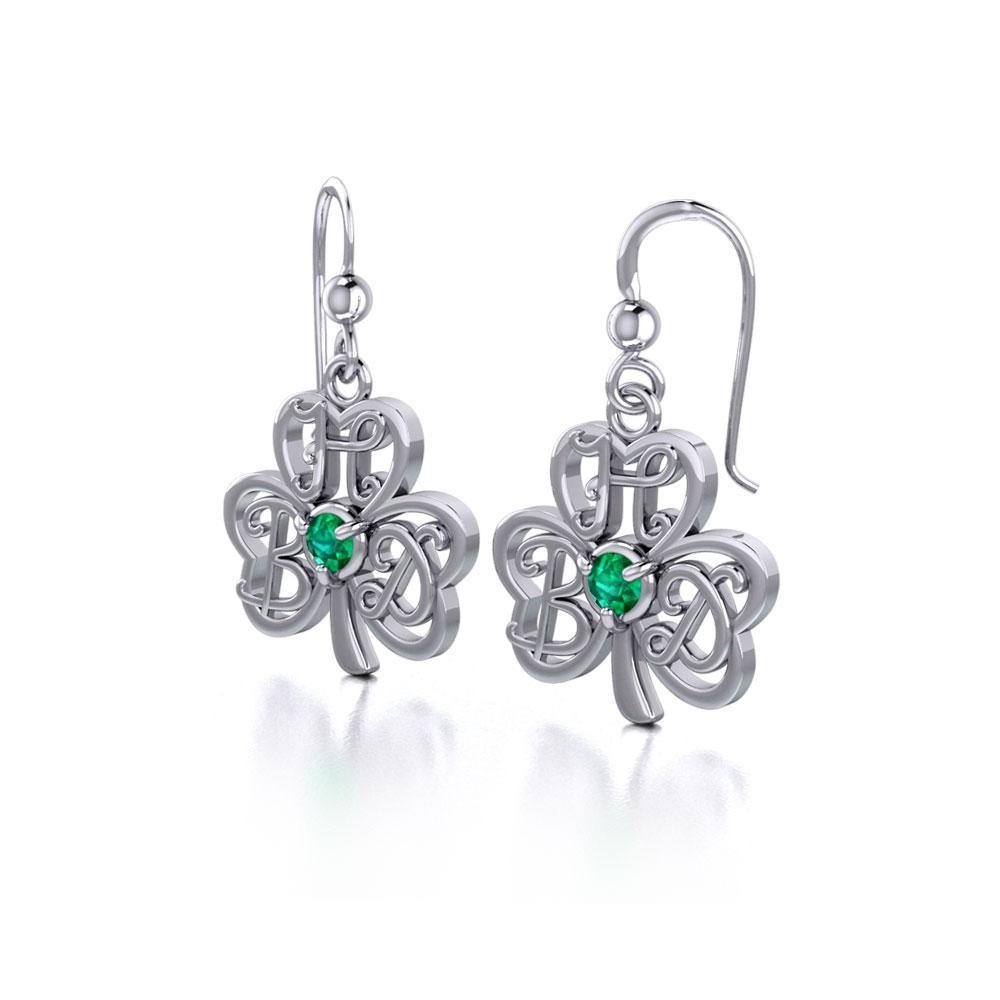 HBD Happy Birthday Monogramming Shamrock Clover Silver Gemstone Earrings TER1721 - Jewelry