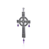 Medieval Celtic Cross Silver Pendant with Gemstones TP3257
