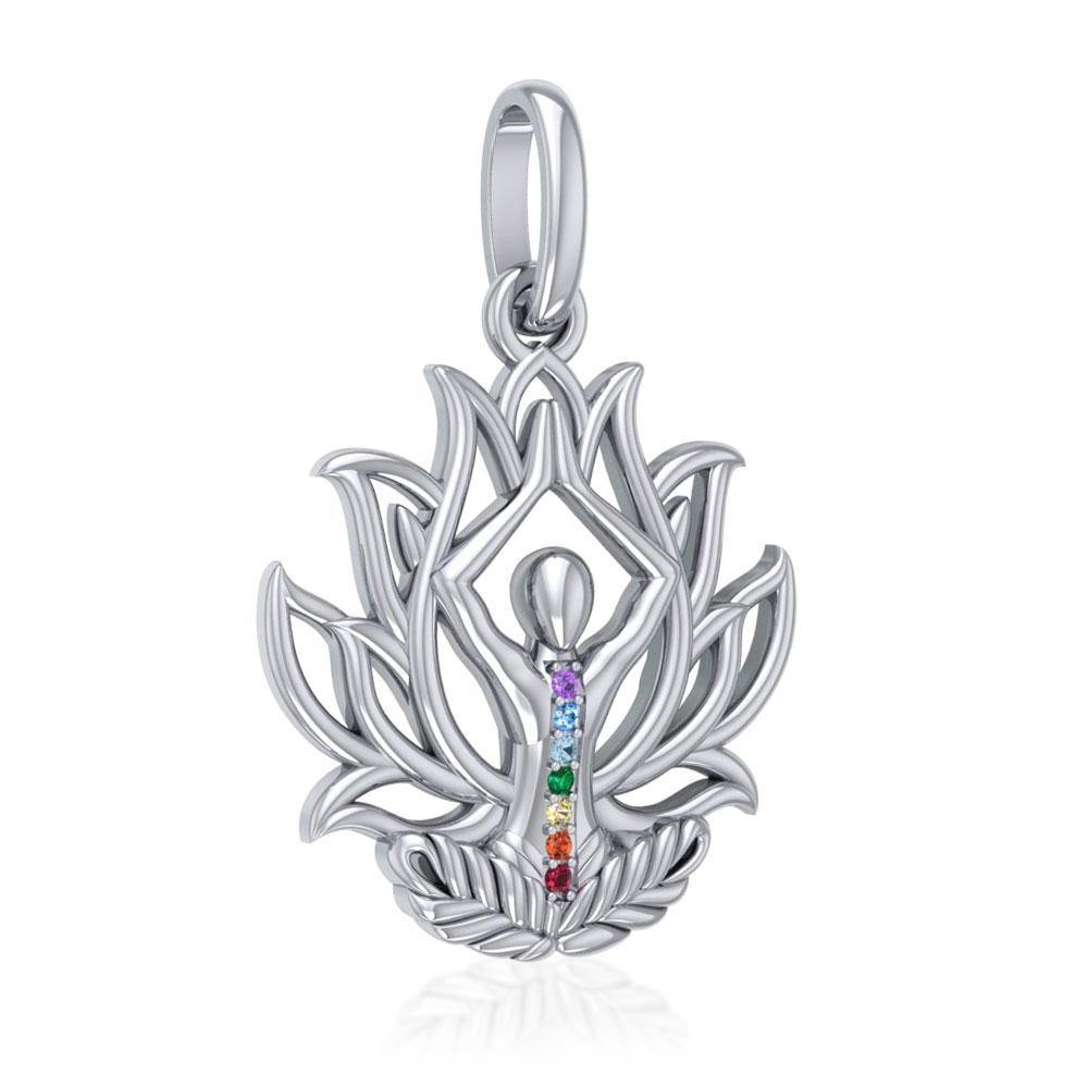 Yoga Lotus Position Sterling Silver Pendant with Chakra Gemstone TPD5023 - Jewelry