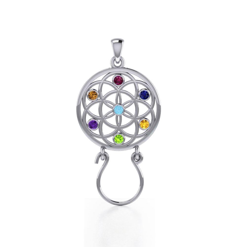 Flower of Life Silver Charm Holder Pendant with Chakra Gemstone TPD5096 - Jewelry