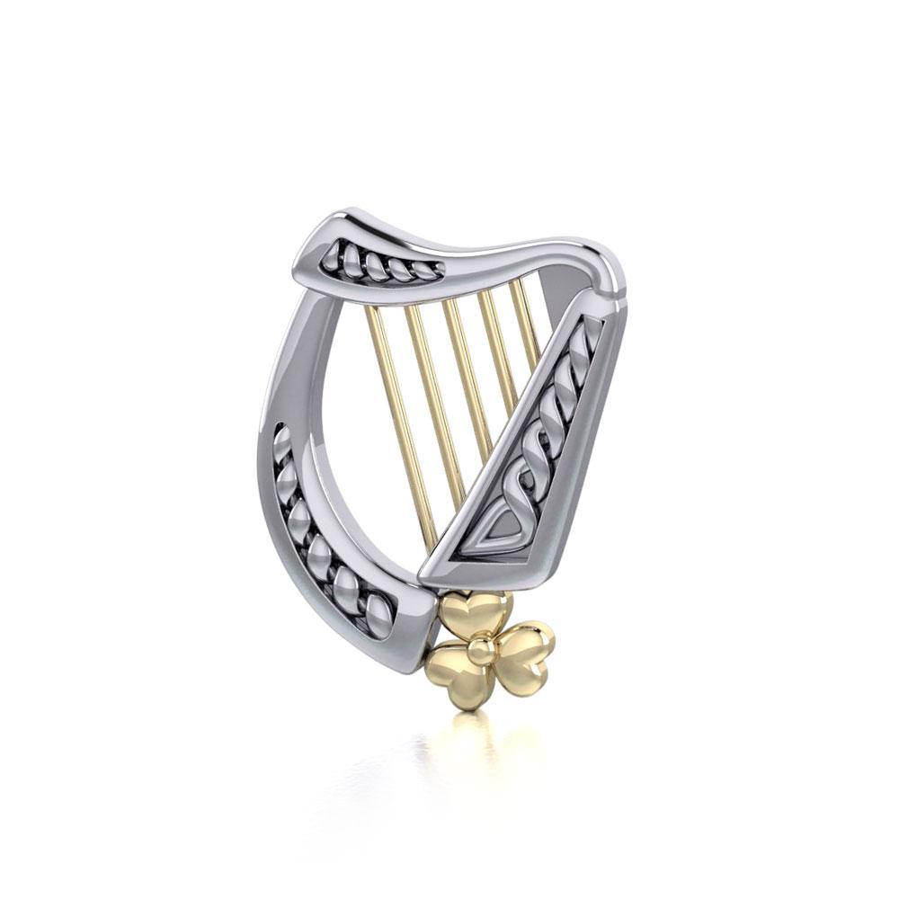 Celtic Harp Irish Shamrock Silver and Gold Pendant TPV1125 - Jewelry