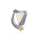 Celtic Harp Irish Shamrock Silver and 14K Gold Accent Pendant TPV1125