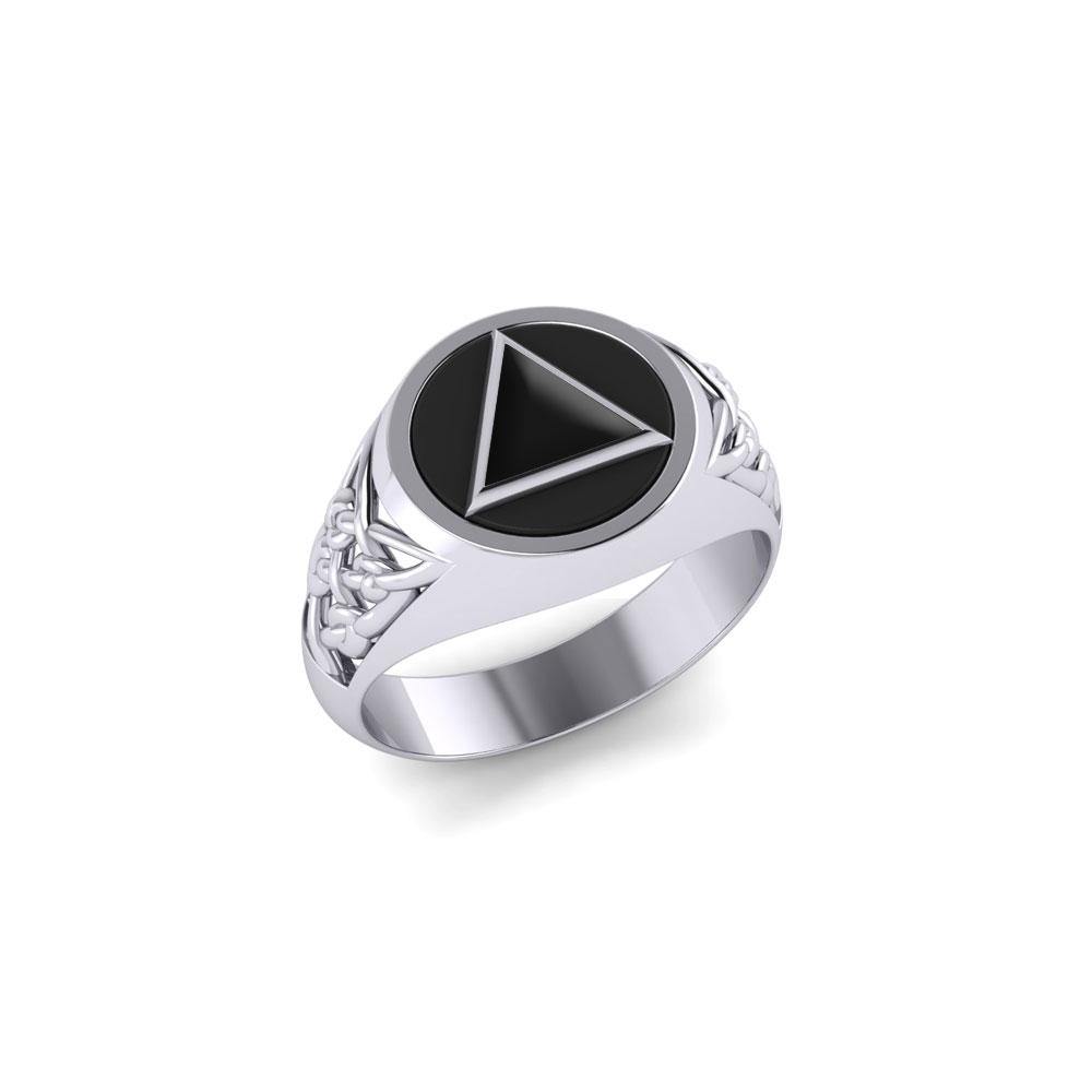 Celtic AA Symbol Silver Ring with Gemstone TR1020 - Synthetic Black Onyx &  Black Enamel / 6