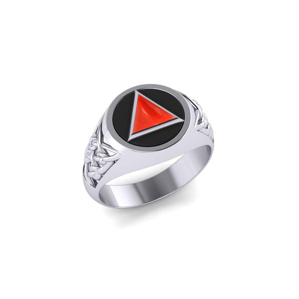 Celtic AA Symbol Silver Ring with Gemstone TR1020 - Synthetic Coral & Black  Enamel / 6