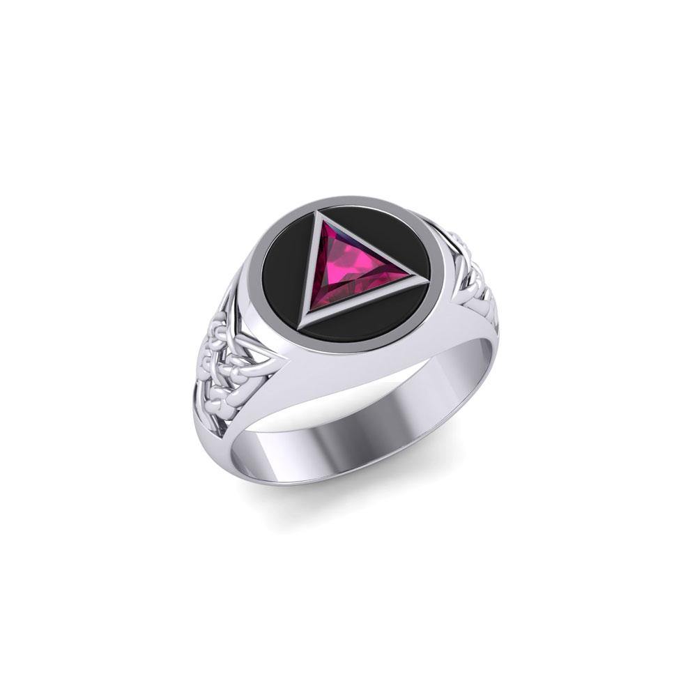 Celtic AA Symbol Silver Ring with Gemstone TR1020 - Created Ruby & Black  Enamel / 6