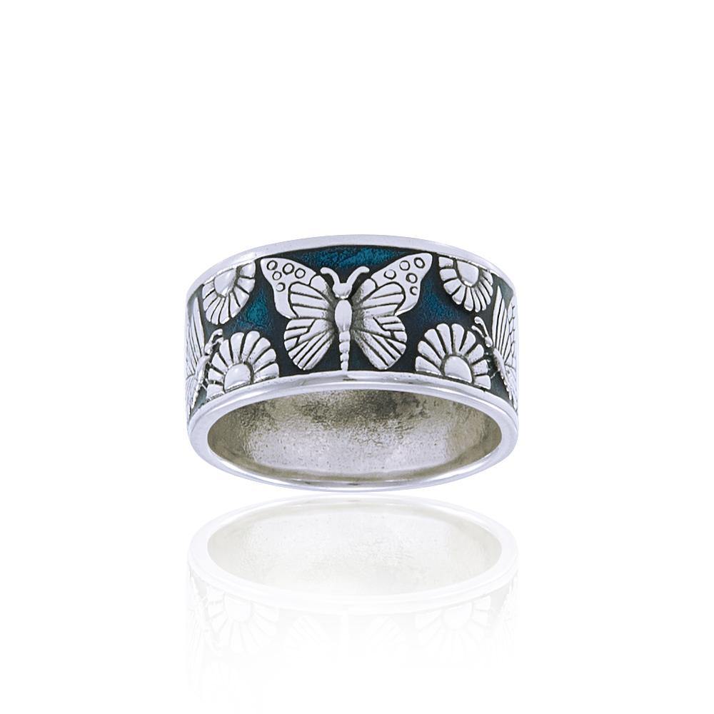 In a multicolored world of flowers and butterflies ~ Sterling Silver Jewelry Ring TRI104 - Jewelry