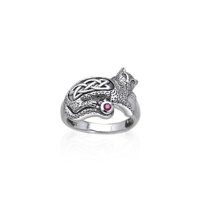 Drawn to the interesting Celtic Cat ~ Sterling Silver Jewelry Ring with Gemstone TRI141 - Jewelry