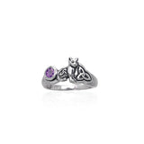 Our revered companion ~ Celtic Cat Sterling Silver Ring with Gemstone TRI142