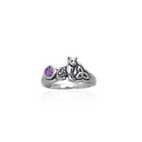 Our revered companion ~ Sterling Silver Jewelry Celtic Cat Ring with Gemstone TRI142 - Jewelry