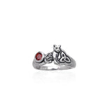 Our revered companion ~ Sterling Silver Jewelry Celtic Cat Ring with Gemstone TRI142 - Jewelry