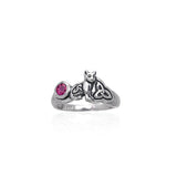 Our revered companion ~ Sterling Silver Jewelry Celtic Cat Ring with Gemstone TRI142 - Jewelry